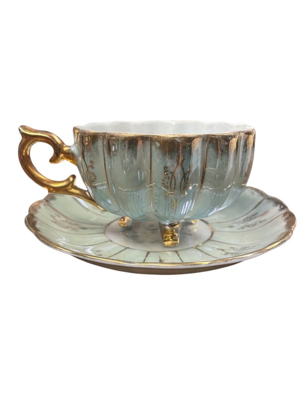 Vintage Mint Green Porcelain Tea Cup & Saucer With Gold Detailing And Ornate Han